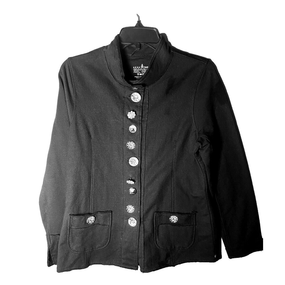 NEON BUDDHA Jacket Women S Black Banded Collar Cotton Jersey Artsy Buttons Bling